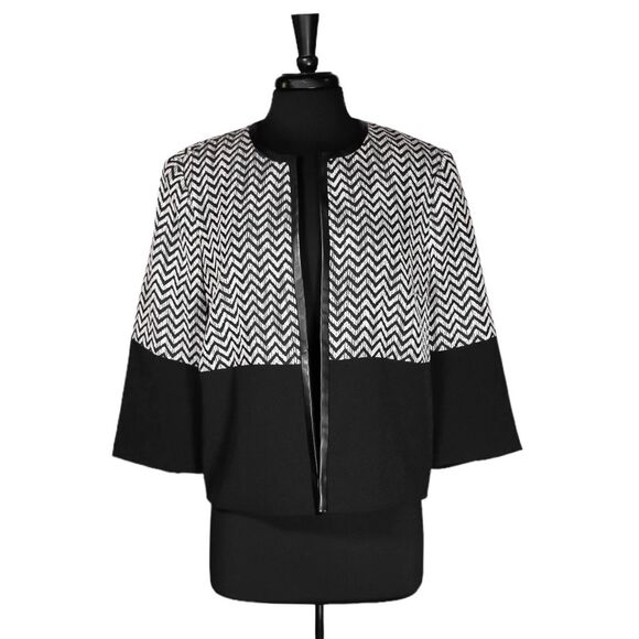 Kasper Womens Jacket Black White Geometric Faux Leather Open Front Lined Size 16 - Picture 1 of 8